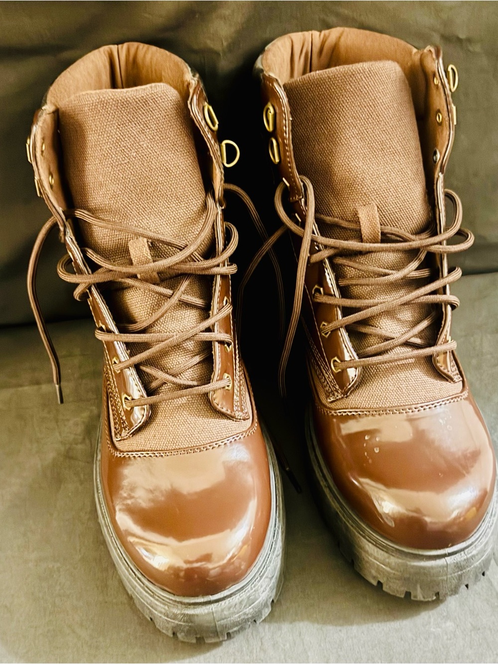 ASOS Brown Lace-Up Chunky Patent Toe Boots